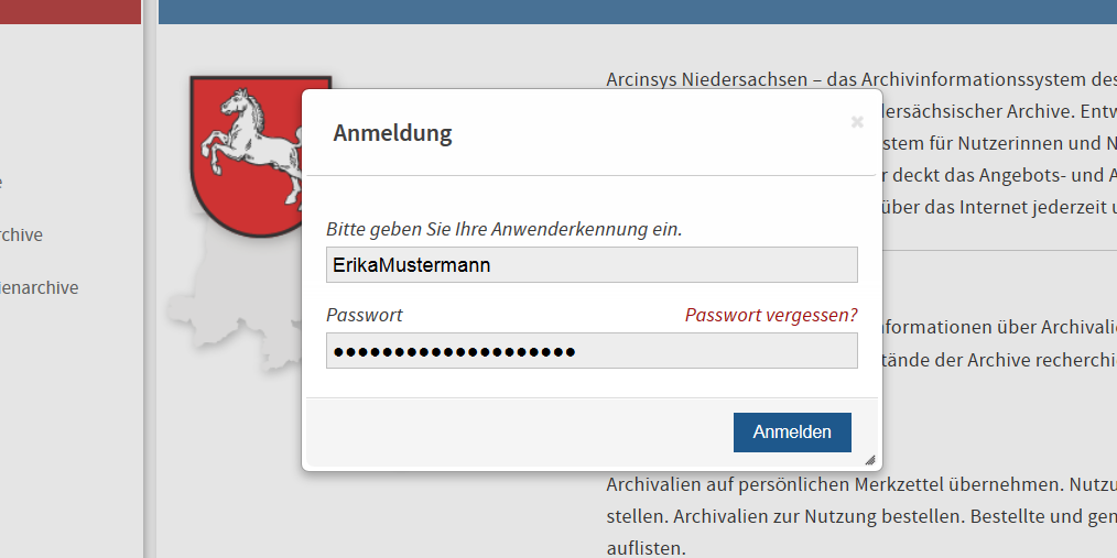 Screenshot des Anmeldefensters in Arcinsys mit zwei Eingabefeldern für die Anwenderkennung und das Passwort sowie einem Link zur Seite 'Passwort vergessen'.