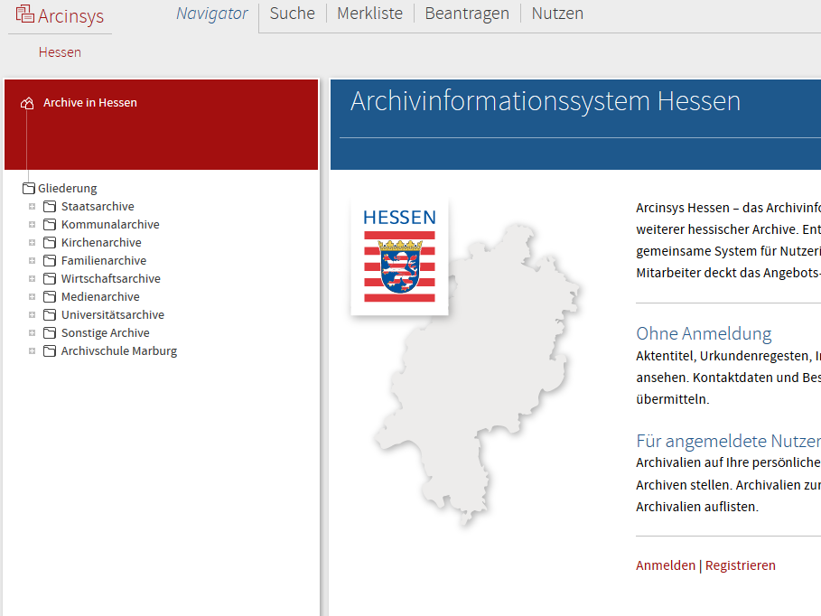 Screenshot der Startseite von Arcinsys Hessen