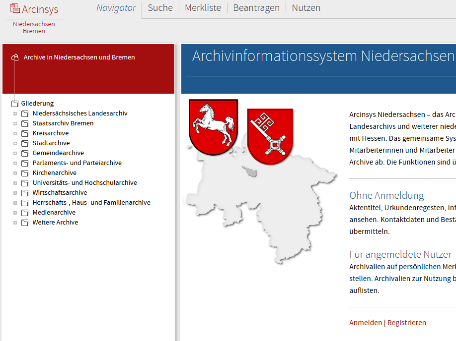 Screenshot der Startseite von Arcinsys Niedersachsen (Anwendung nicht barrierefrei)