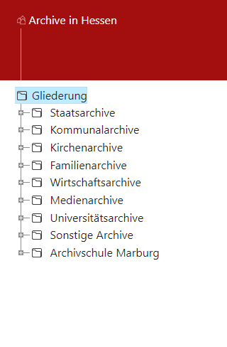 Arcinsys: Darstellung der Archivlandschaft im Navigationsbaum Screenshot des Navigationsbaums der Archivlandschaft in Arcinsys. Der Navigationsbaum besteht aus
hierarchisch gestaffelten Gliederungspunkten, die als Liste definiert sind. Die einzelnen Gliederungspunkte (Listenelemente) können ausgewählt werden.