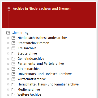 Screenshot des Arcinsys-Navigationsbaums der Archivlandschaft.