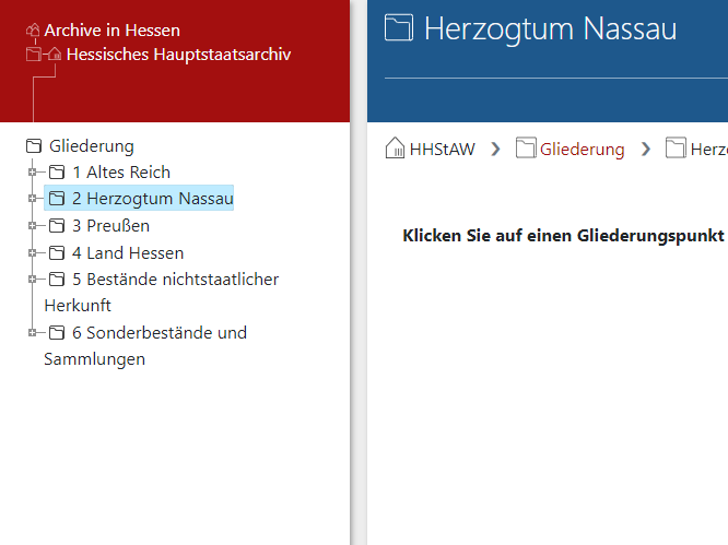 Arcinsys: Navigationsbaum mit Gliederungspunkten. Screenshot des Navigationsbaums der Archivlandschaft in Arcinsys. Der Navigationsbaum besteht aus
hierarchisch gestaffelten Gliederungspunkten, die als Liste definiert sind. Die einzelnen Gliederungspunkte (Listenelemente) können ausgewählt werden.