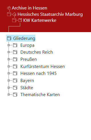 Arcinsys: Darstellung der Klassifikation im Navigationsbaum Screenshot des Navigationsbaums der Klassifikation (Gliederung innerhalb eines Bestands) in Arcinsys. Der Navigationsbaum besteht aus
hierarchisch gestaffelten Gliederungspunkten, die als Liste definiert sind. Die einzelnen Gliederungspunkte (Listenelemente) können ausgewählt werden.