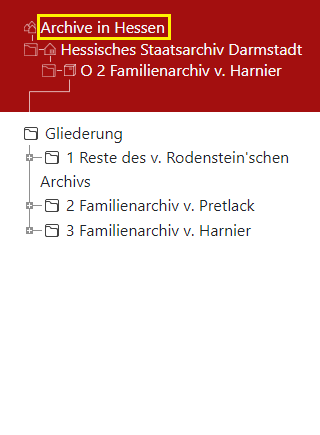 Arcinsys: Kopf des Navigationsbereichs über dem Navigationsbaum Screenshot des Navigationsbaums in Arcinsys.
Im Kopf des Navigationsbaums befindet sich der Navigationsbereich mit Links zu den verschiedenen Hierarchieebenen.