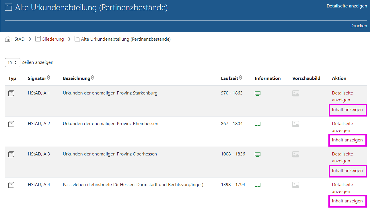 Arcinsys: Listenansicht mit Befehl 'Navigator' Screenshot der Listenansicht in Arcinsys.
Die Listenansicht ist eine Tabelle mit folgenden Spalten: Typ, Signatur, Bezeichnung, Laufzeit, Info und Aktion. Oberhalb der Tabelle befindet sich eine Einstellungsoption für die Anzahl der angezeigten Tabellenzeilen
und unterhalb der Tabelle eine Blätterfunktion.
In der Spalte 'Typ' wird der Typ des Datenobjekts angegeben.
In der Spalte 'Aktion' befindet sich immer der Link 'Detailseite'. Bei Bestand-Serien, Beständen und Stück-Serien wird dort auch der Link 'Inhalt anzeigen' angezeigt.