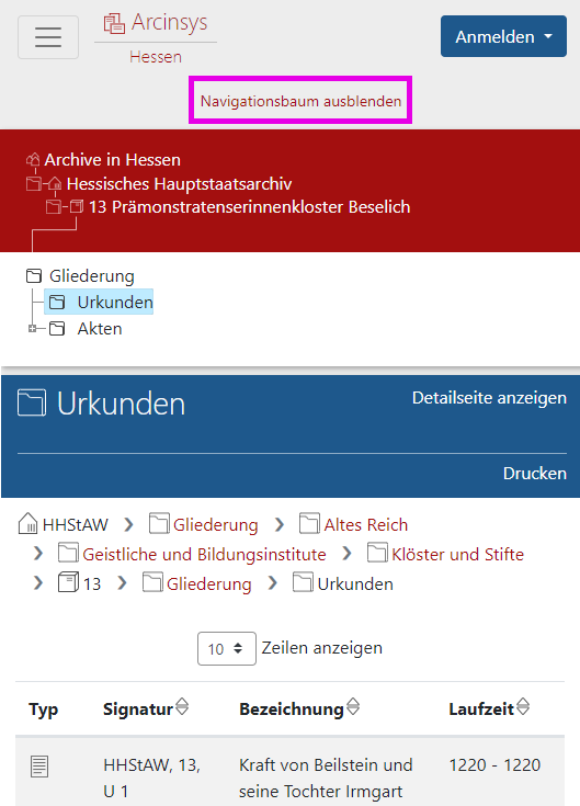Arcinsys: Navigationsbaum mit Listenansicht, Mobilansicht Screenshot der Listenansicht in Arcinsys, Mobilansicht.
In der Mobilversion der Listenansicht befindet sich der Navigationsbaum sich oberhalb der tabellarischen Anzeige der Datenobjekte. Er kann mit einem Button ein- oder ausgeblendet werden.