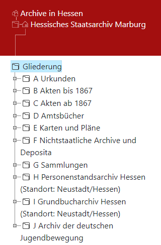 Arcinsys: Darstellung der Tektonik im Navigationsbaum Screenshot des Navigationsbaums der Tektonik (Gliederung innerhalb eines Archivs) in Arcinsys. Der Navigationsbaum besteht aus
hierarchisch gestaffelten Gliederungspunkten, die als Liste definiert sind. Die einzelnen Gliederungspunkte (Listenelemente) können ausgewählt werden.