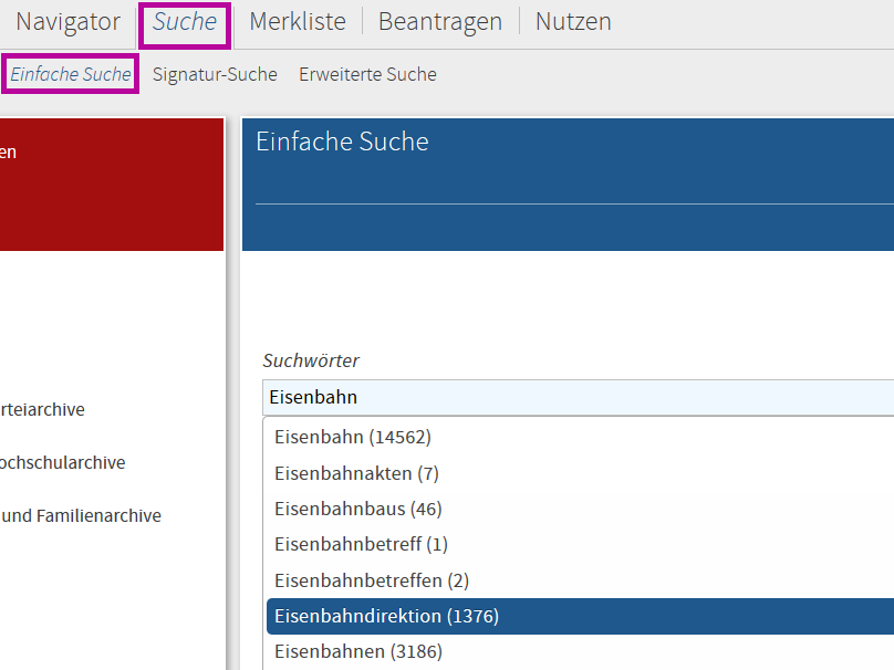 Screenshot der Suchmaske der Einfachen Suche in Arcinsys (Anwendung nicht barrierefrei). Die 'Einfache Suche' wird über den Menüpunkt 'Suche' aufgerufen.
									Auf der Suchseite werden der Arcinsys-Navigationsbaum mit Gliederungspunkten und die Suchmaske der Einfachen Suche angezeigt. 
									Die Suchmaske ist mit der h1-Überschrift 'Einfache Suche' bezeichnet. Im Kopfbereich befinden sich die Buttons 'Englisch' bzw. 'Deutsch' zum Umschalten der Sprache
									sowie der Button 'Zurücksetzen'.
						 Die Suchmaske der Einfachen Suche besteht aus folgenden Elementen: Eingabefeld 'Suchwörter', Eingabefeld 'Zeitraum von', Eingabefeld 'bis', Abschnitt 'Suchbereich' mit Auswahlfeld 'Markierung im Baum' und 
						 Auswahlfeld 'Alle Archive', Markierungskästchen 'Nur Objekte mit Digitalisaten' und Button 'Suchen' für die Auslösung der Suche.
						 Mit einem Klick auf den Button 'Zurücksetzen' im Kopfbereich werden alle Sucheinträge und Markierungen gelöscht.