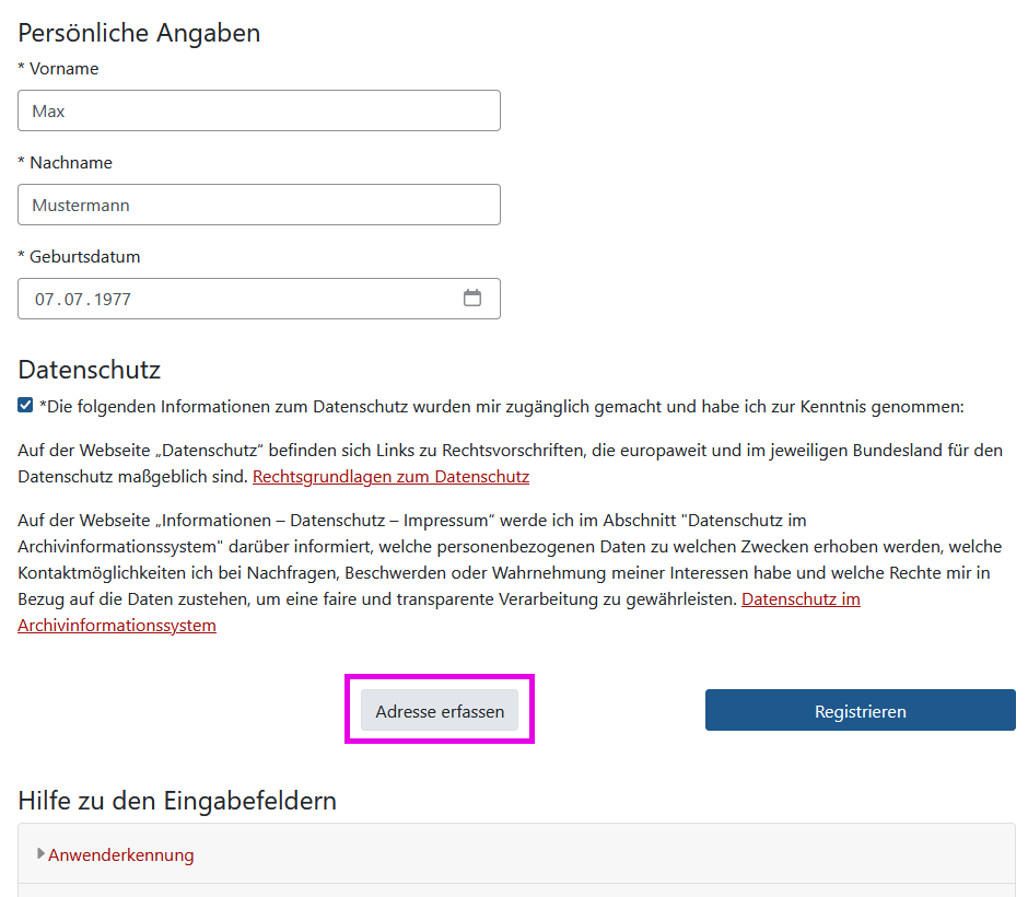 Arcinsys: Adresse erfassen Screenshot der Registrierungsmaske in Arcinsys.
Wenn man noch keine Adresse erfasst hat, gibt es auf der Seite der Registrierung die Buttons 'Adresse erfassen' und 'Registrieren'.