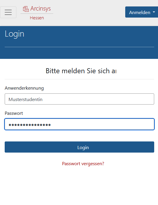 Arcinsys: Anmeldefenster Screenshot des Anmeldebereichs auf der Startseite von Arcinsys.
Beim Klick auf 'Anmelden' öffnet sich die Seite 'Login'.
Es enthält ein Eingabefeld mit der Bezeichnung 'Anwenderkennung' und das Eingabefeld 'Passwort'.
Zudem gibt es den Button 'Anmelden' und den Link 'Passwort vergessen'.