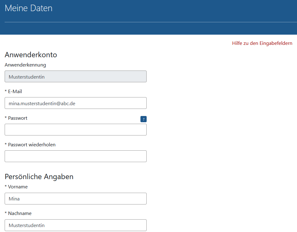 Screenshot der Seite 'Meine Daten'.
Die Seite hat die h1-Überschrift 'Meine Daten'. Sie enthält den Link 'Hilfe zu den Eingabefeldern', die Einblendung 'Anwenderkennung' und die jeweilige Anwenderkennung.
Es gibt folgende Eingabefelder: Passwort, Passwort wiederholen, Vorname, Nachname, Titel, Geburtsdatum (mit Kalenderfunktion), Straße und Hausnummer, PLZ, Wohnort, Adresszusatz,
Staat, Telefon, Fax.
Zudem gibt es den Button 'Speichern'.