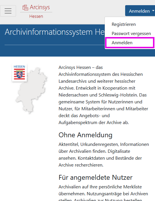 Arcinsys: Anmeldebereich Screenshot des Anmeldebereichs auf der Startseite von Arcinsys.
Wenn man nicht in Arcinsys angemeldet ist, enthält der Anmeldebereich folgende Links: Registrieren, Passwort vergessen, Anmelden.