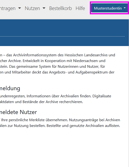 Arcinsys: Anmeldebereich mit Anwenderkennung Screenshot des Anmeldebereichs auf der Startseite von Arcinsys. Nach der Anmeldung wird im Anmeldebereich die Anwenderkennung anzeigt.
Beim Klick auf die Anwenderkennung öffnet sich ein Submenü mit folgenden Links: Meine Daten, Abmelden.