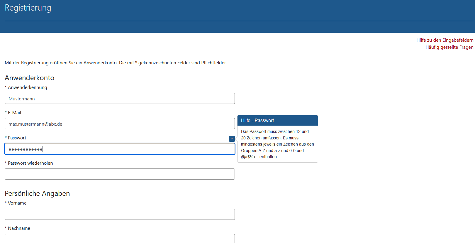 Arcinsys: Passwort erstellen Screenshot mit Ausschnitt aus der Seite der Registrierung in Arcinsys.
Ein Hilfefenster informiert über die Voraussetzungen des Passworts. Die Angaben sind in Screenreader-tauglicher Form im Reiter 'Passwort' in der Rubrik
'Hilfe zu den Eingabefeldern' aufgelistet.