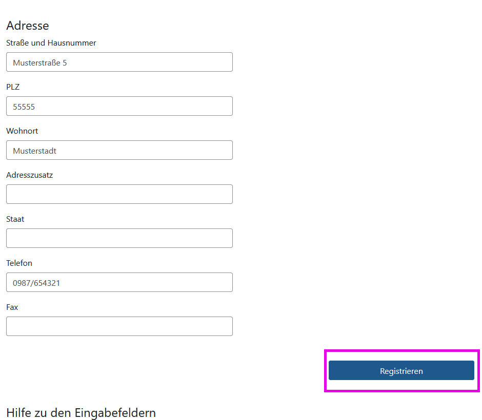 Arcinsys: Registrierung abschließen Screenshot der Registrierungsmaske in Arcinsys.
Wenn man die Adresse gleich bei der Registrierung erfasst hat, gibt es auf der Seite der Registrierung den Button 'Registrieren'.
