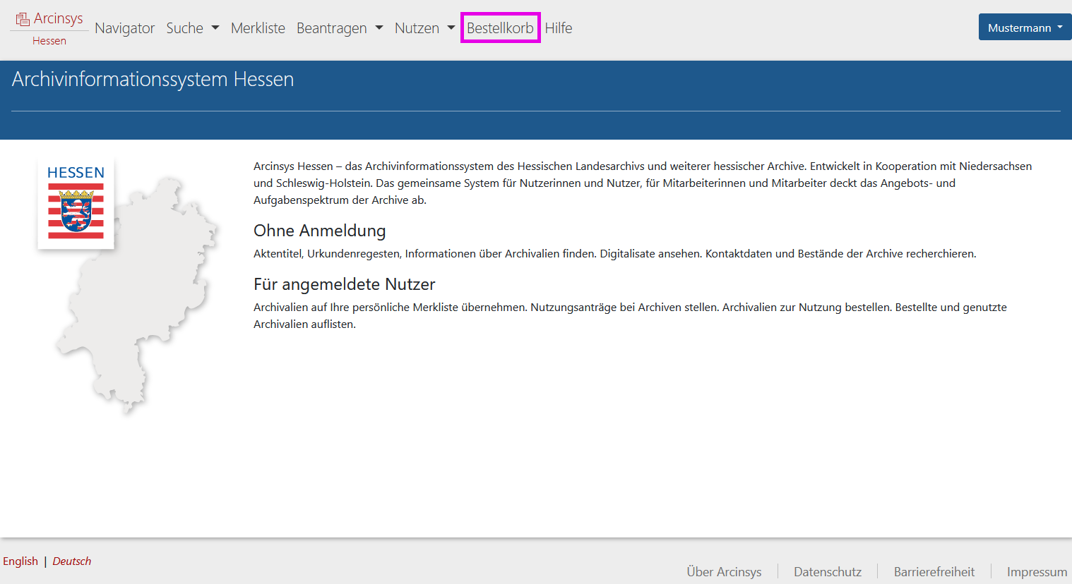 Arcinsys: Startseite mit Bestellkorb Screenshot der Startseite von Arcinsys.
Bei angemeldeten Nutzern wird der Bestellkorb als Menüpunkt angezeigt.