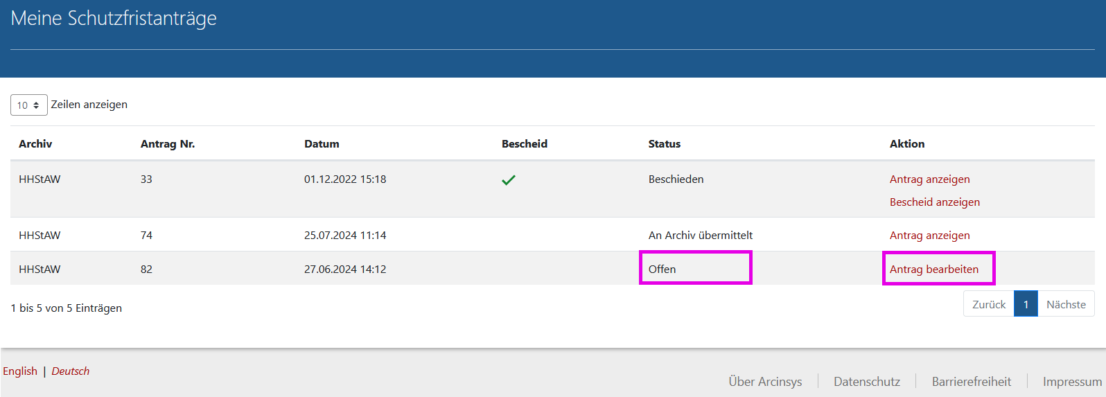 Arcinsys: Seite 'Meine Schutzfristanträge' mit offenem Schutzfristverkürzungsantrag Screenshot der Seite 'Meine Schutzfristanträge' in Arcinsys (Anwendung nicht barrierefrei).
Die Seite wird über den Menüpunkt 'Beantragen' und den Untermenüpunkt 'Meine Schutzfristanträge' aufgerufen.
Sie enthält einen Kopfbereich mit der h1-Überschrift 'Meine Schutzfristanträge'.
Wenn mindestens ein Antrag vorhanden ist, enthält die Seite eine Tabelle. Die Tabelle hat folgende Spalten: Aktion, Datum, Archiv, Antrag Nr., Bescheid, Status.
In der Spalte 'Aktion' werden abhängig vom Bearbeitungsstand verschiedene Links angezeigt. Es gibt folgende Möglichkeiten:
Antrag bearbeiten, Antrag anzeigen, Bescheid anzeigen
In der Spalte 'Status' wird der Status angegeben. Es gibt folgende Möglichkeiten:
Offen, An Archiv übermittelt, Beschieden, Wiedereröffnet.